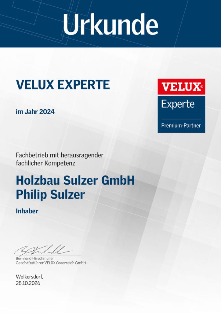 Urkunde: VELUX Experte, Premium-Partner 2024 für Holzbau Sulzer GmbH