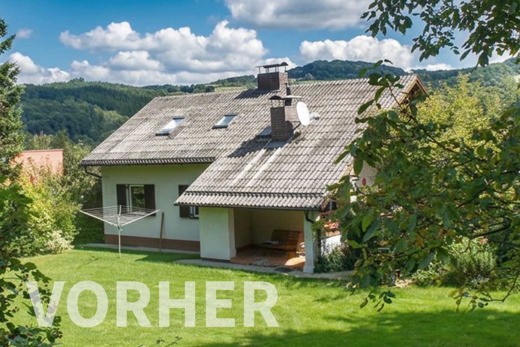Wohnhaus vor dem Dachausbau (Vorher), Ansicht mit Dach und Garten